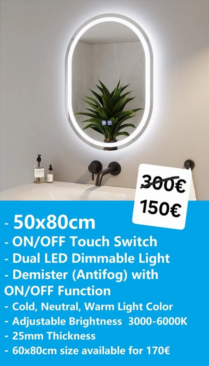 LED Bathroom Mirror 50x80cm Antifog Defogger Oval - Image 1