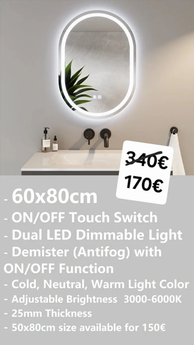 LED Bathroom Mirror Oval Shape Dual LED Fog Free - Image 2