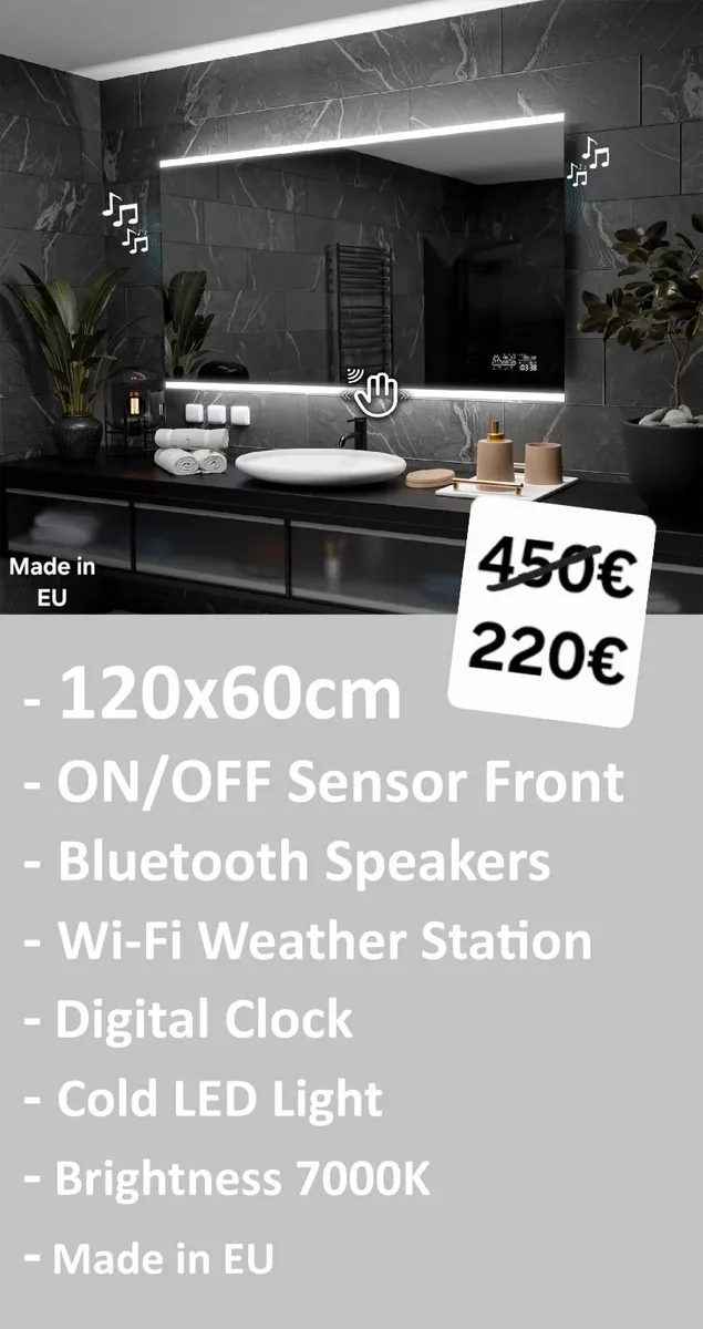 LED Bathroom Mirror 120x60cm Bluetooth Speakers - Image 1