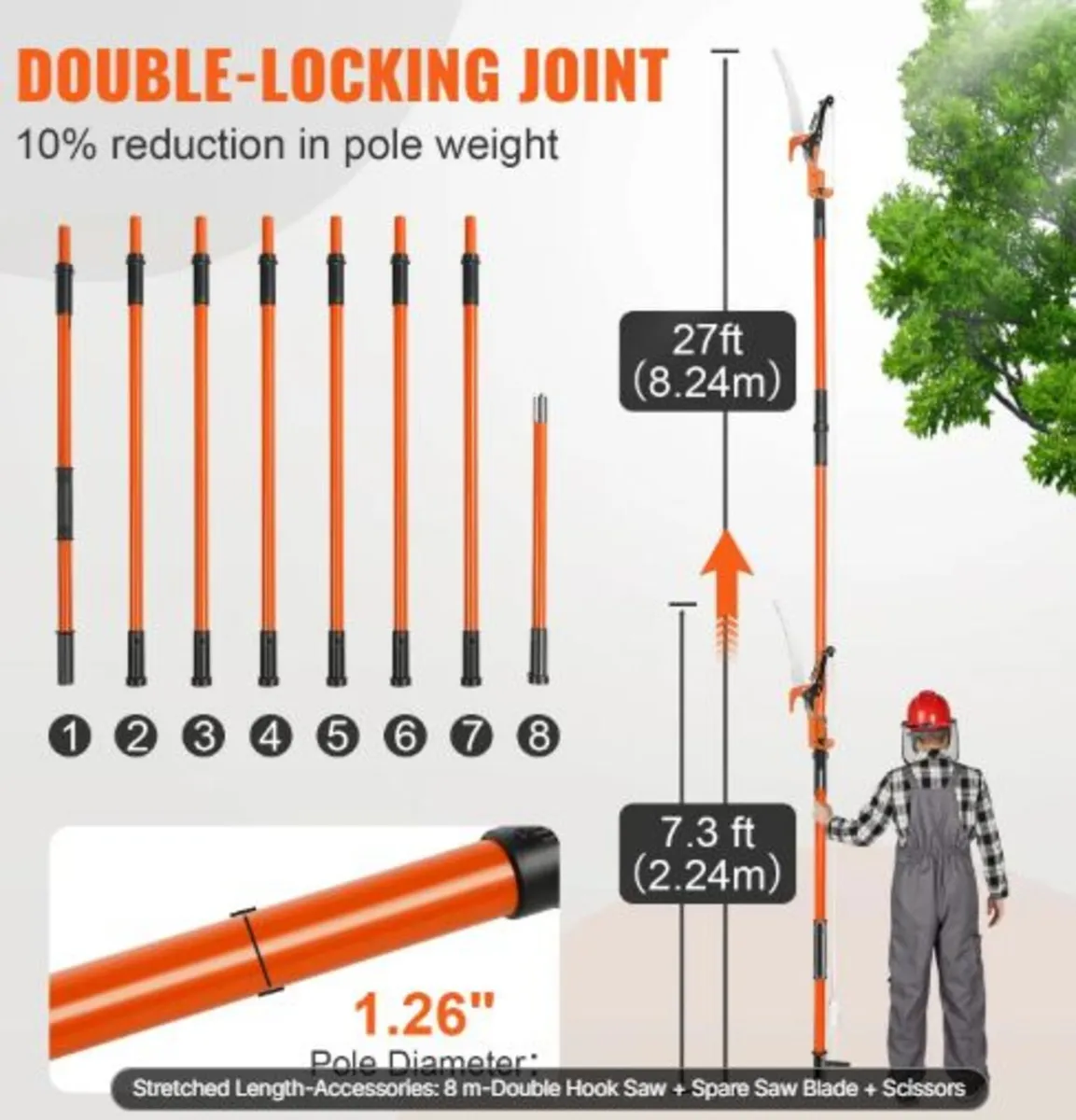 Manual Pole Saw, 2.2-8.2 m Extendable Tree Pruner - Image 2