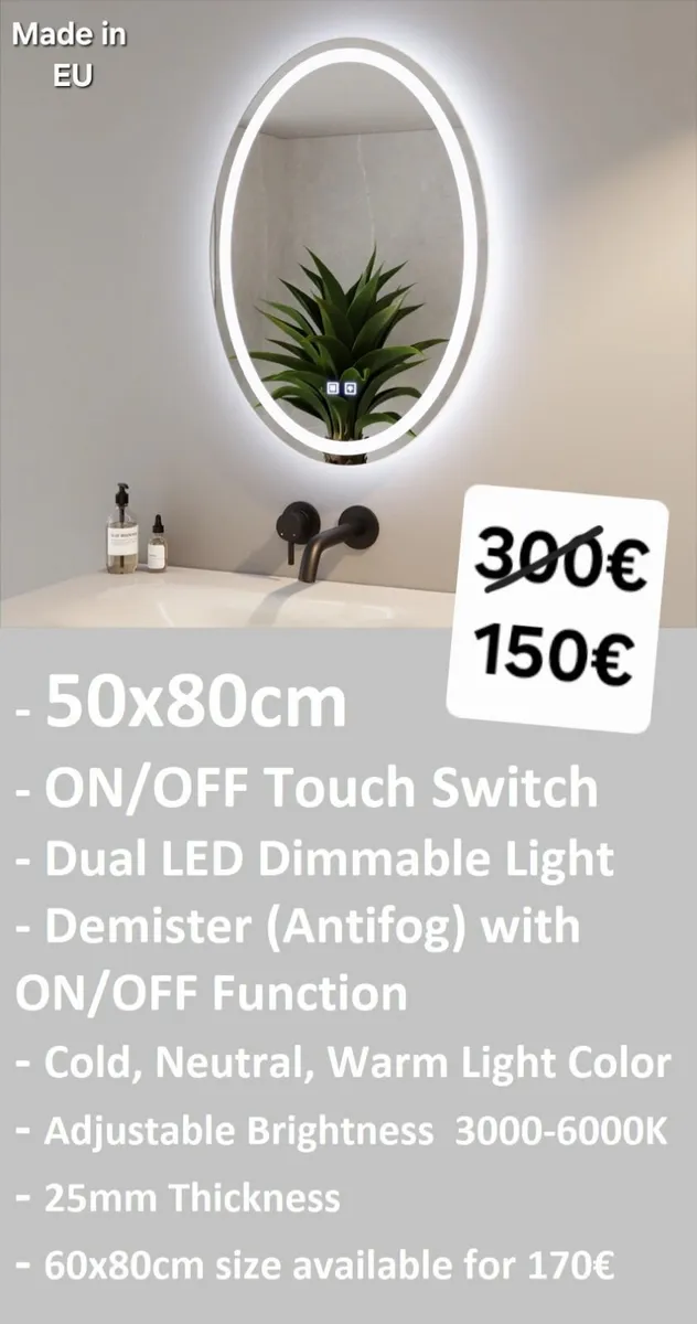 LED Bathroom Mirror 50x80cm Antifog Demister - Image 1