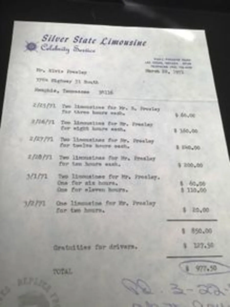 Elvis Memorabilia - Bill for rental of Limos