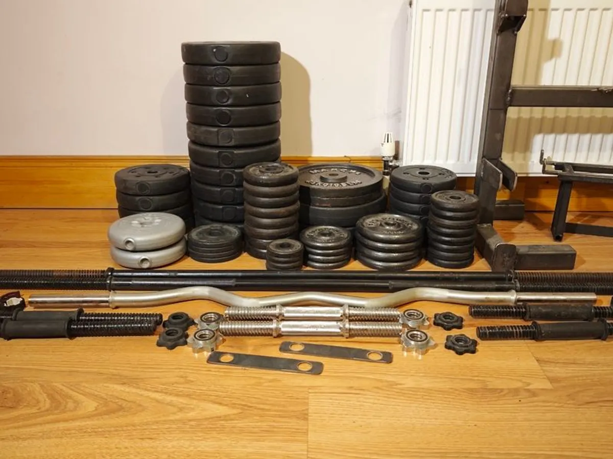 200kg home gym set - bench, rack, bars, weights - Image 1