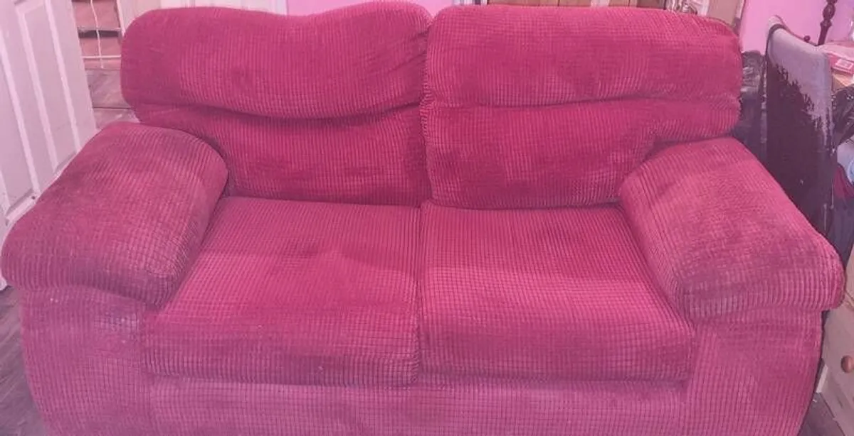 Free 2 seater wine coloured fabric sofa Dublin 1 collection only - Image 2