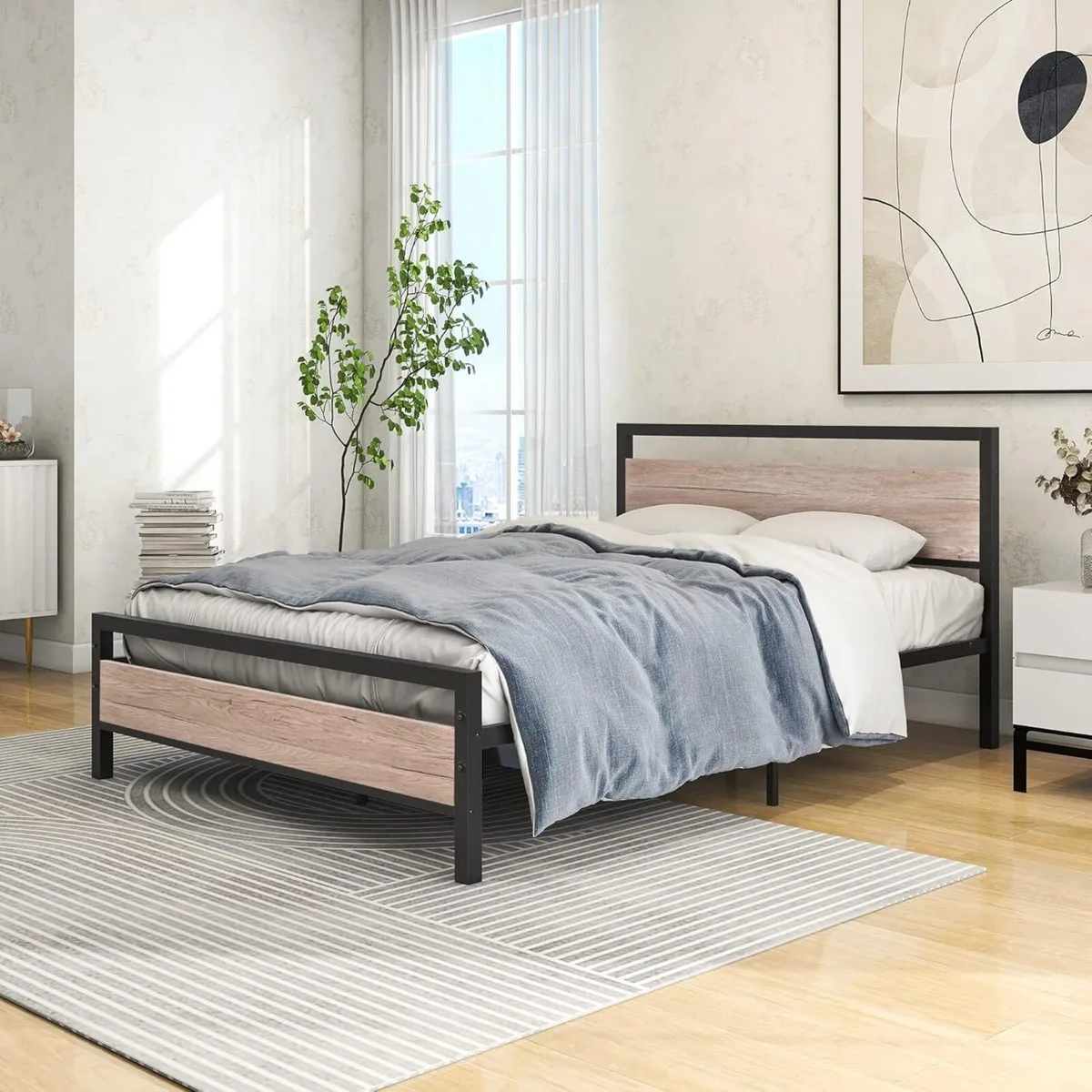 Double Bed Frames with Wood Headboard Metal - Image 3