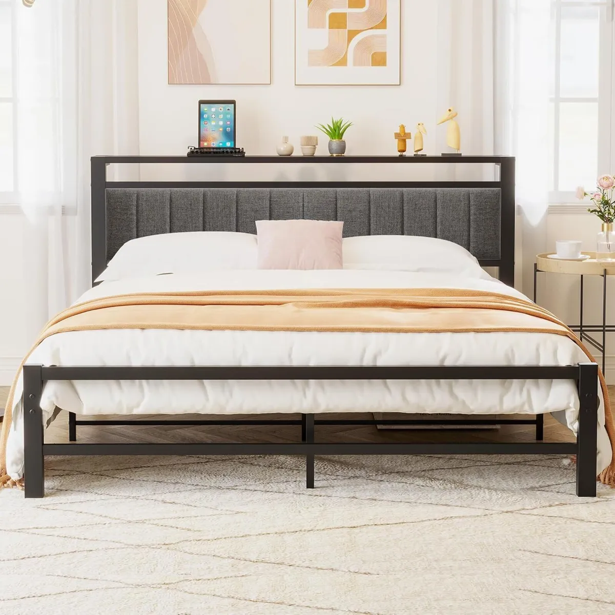 King Size Bed Frame with Storage Headboard Metal - Image 1