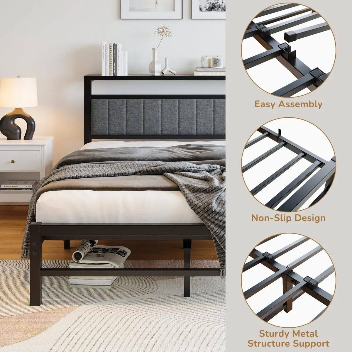 King Size Bed Frame with Storage Headboard Metal - Image 4
