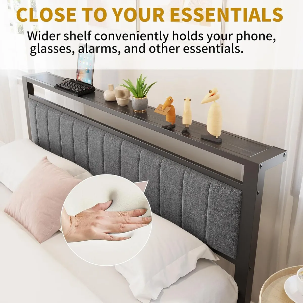 King Size Bed Frame with Storage Headboard Metal - Image 3