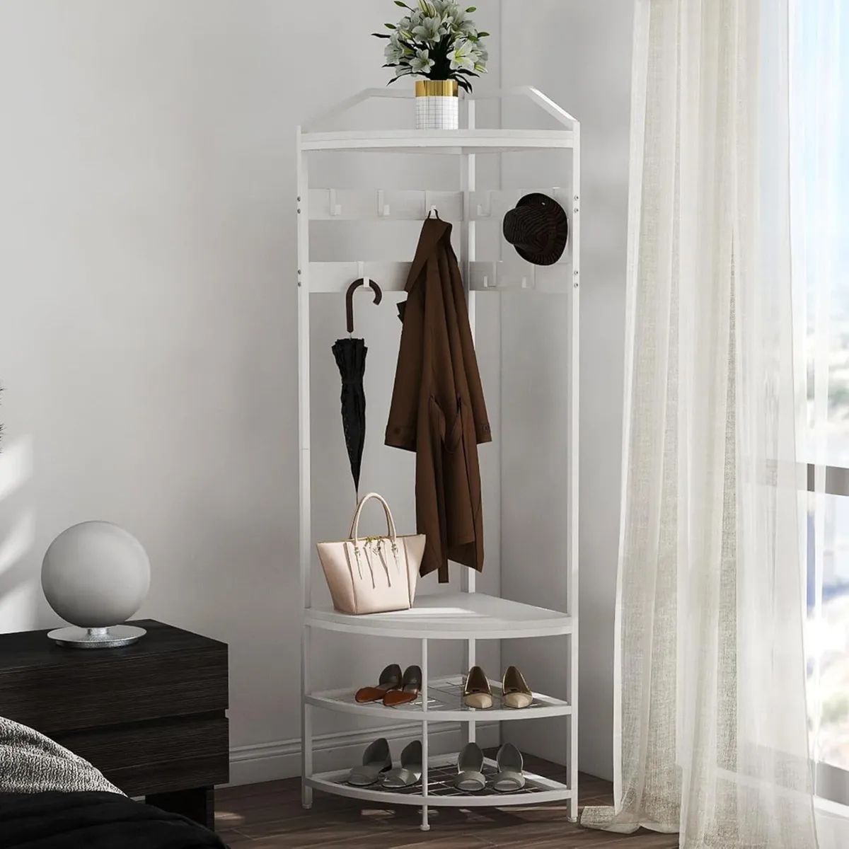 White Coat Rack with Shoe Storage Bench 4-Tier - Image 3