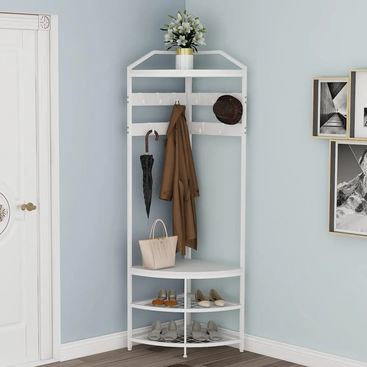 White Coat Rack with Shoe Storage Bench 4-Tier - Image 4