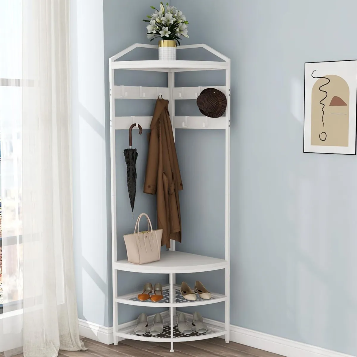 White Coat Rack with Shoe Storage Bench 4-Tier - Image 1