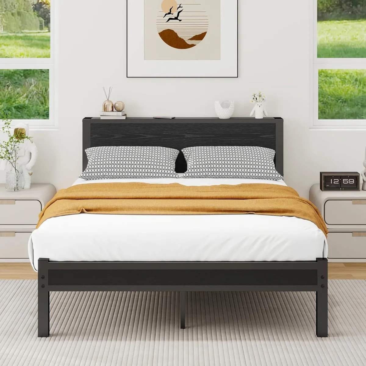 Double Bed Frame with Wooden Storage Shelf - Image 3