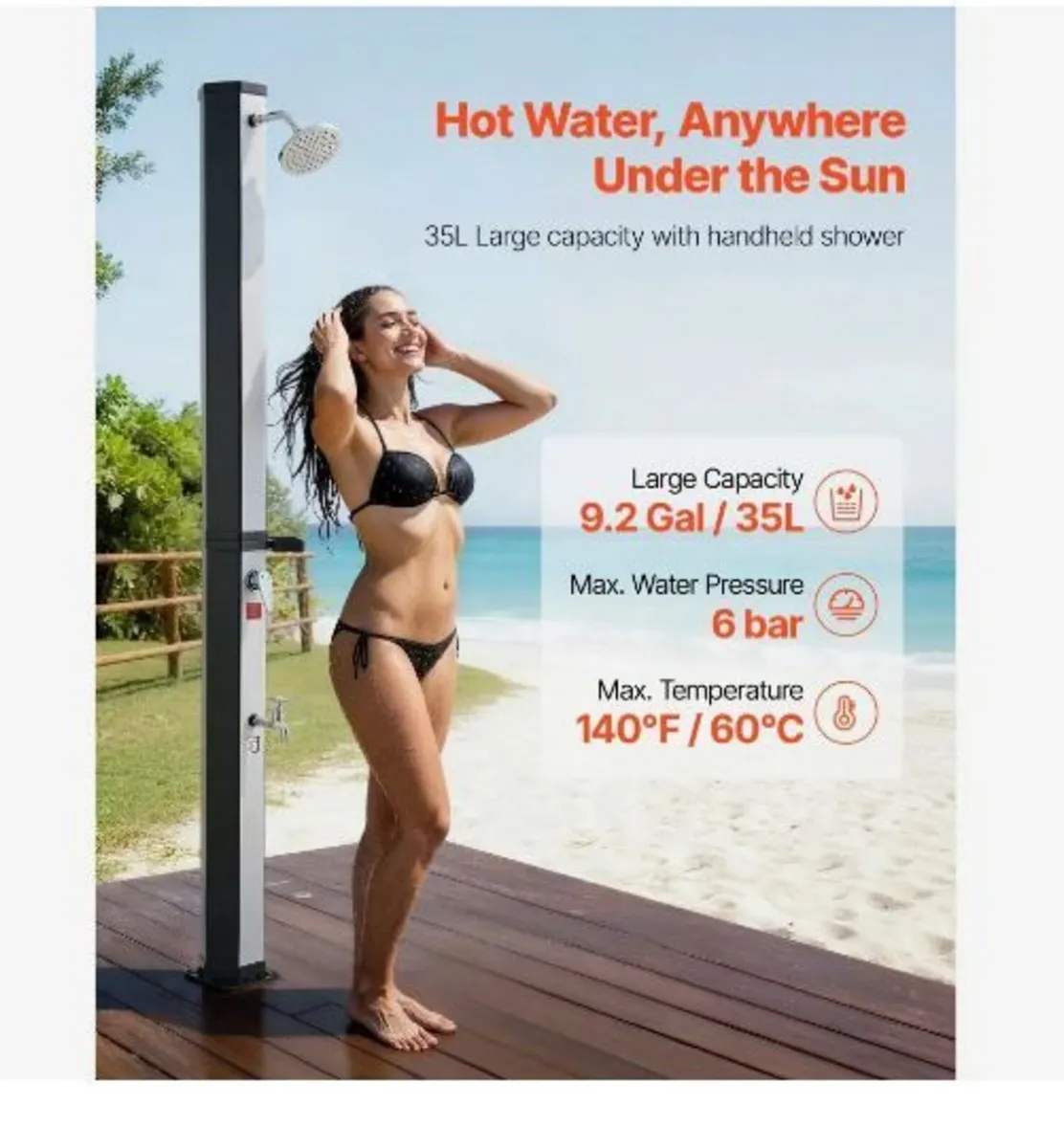 35L Solar Heated Shower, 195cm Showerhead - Image 2
