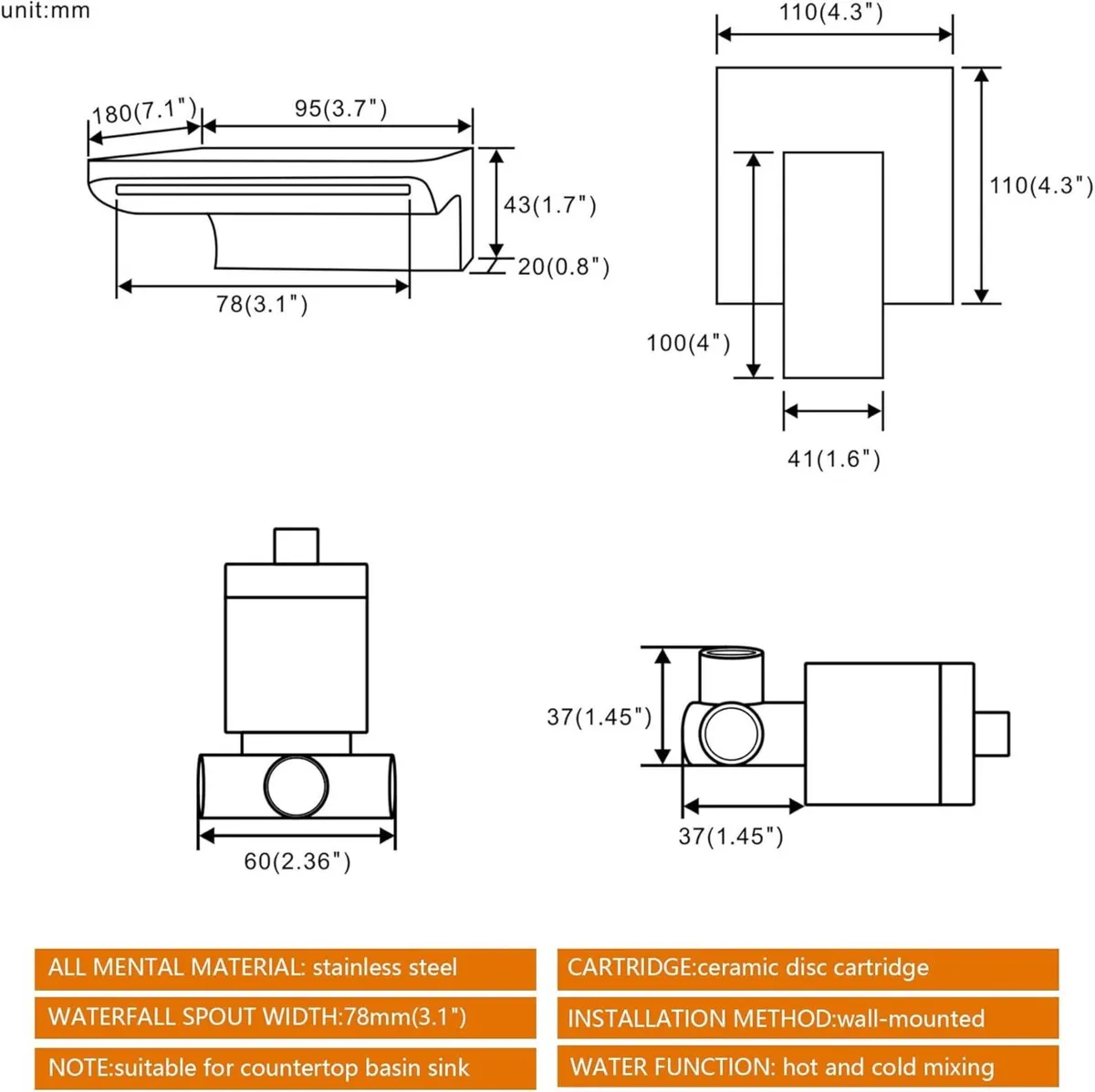 Wall Mounted Bath Taps Waterfall Spout Black - Image 2