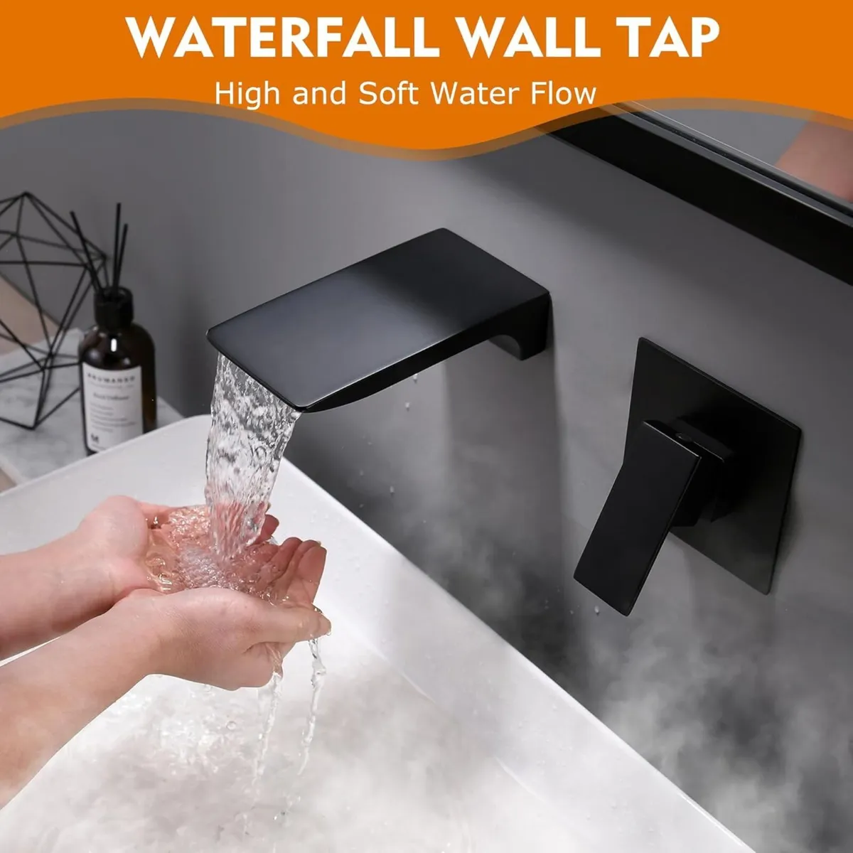Wall Mounted Bath Taps Waterfall Spout Black - Image 3