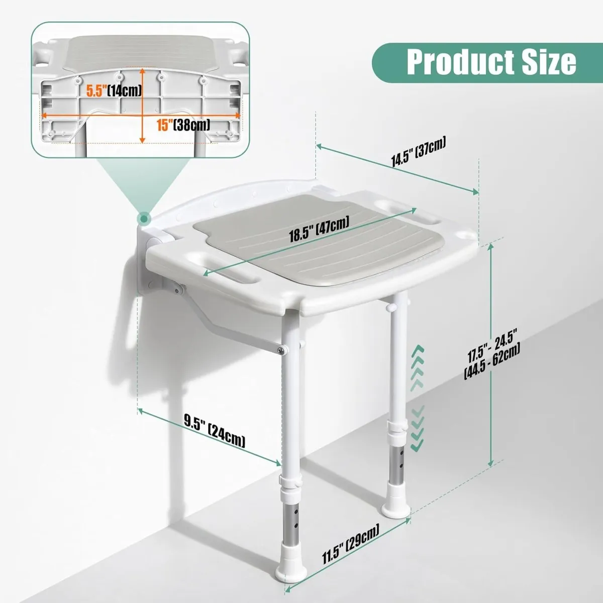 Wall Mounted Shower Seat with Arms Extra Wide - Image 2