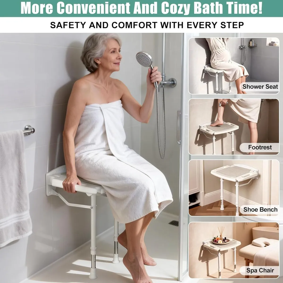 Wall Mounted Shower Seat with Arms Extra Wide - Image 3