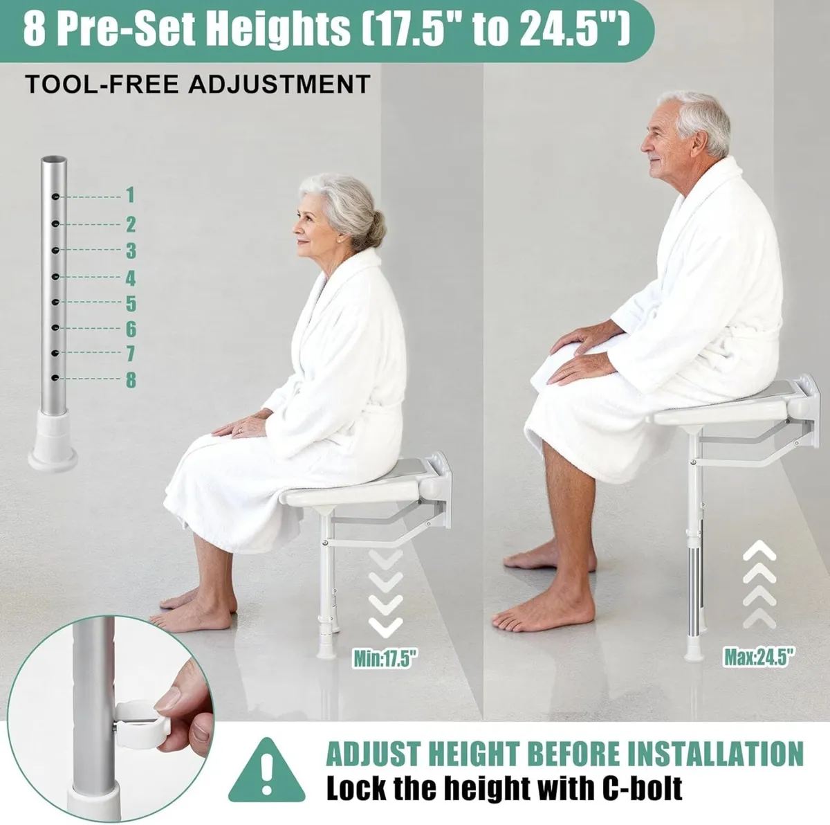 Wall Mounted Shower Seat with Arms Extra Wide - Image 4