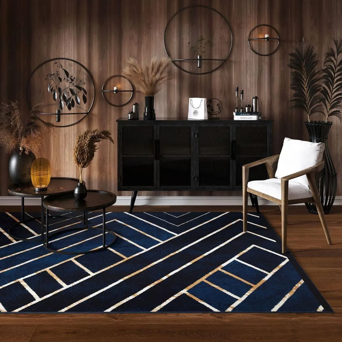 Modern Navy Blue Art Deco Living Room Area Rug - Image 3