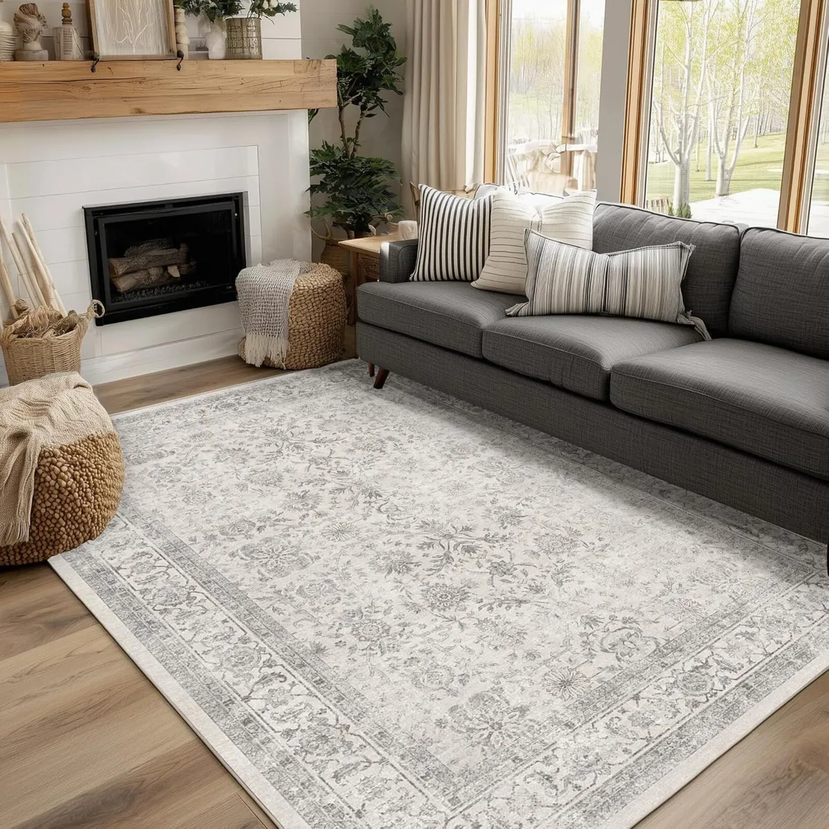 Washable Area Rug Grey Neutral Vintage 160x230 cm - Image 1