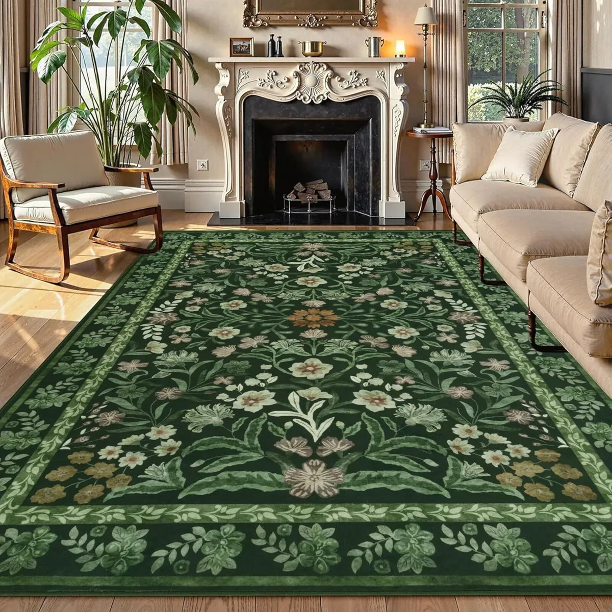 Washable Rugs Living Room Green 160x230cm Floral - Image 1
