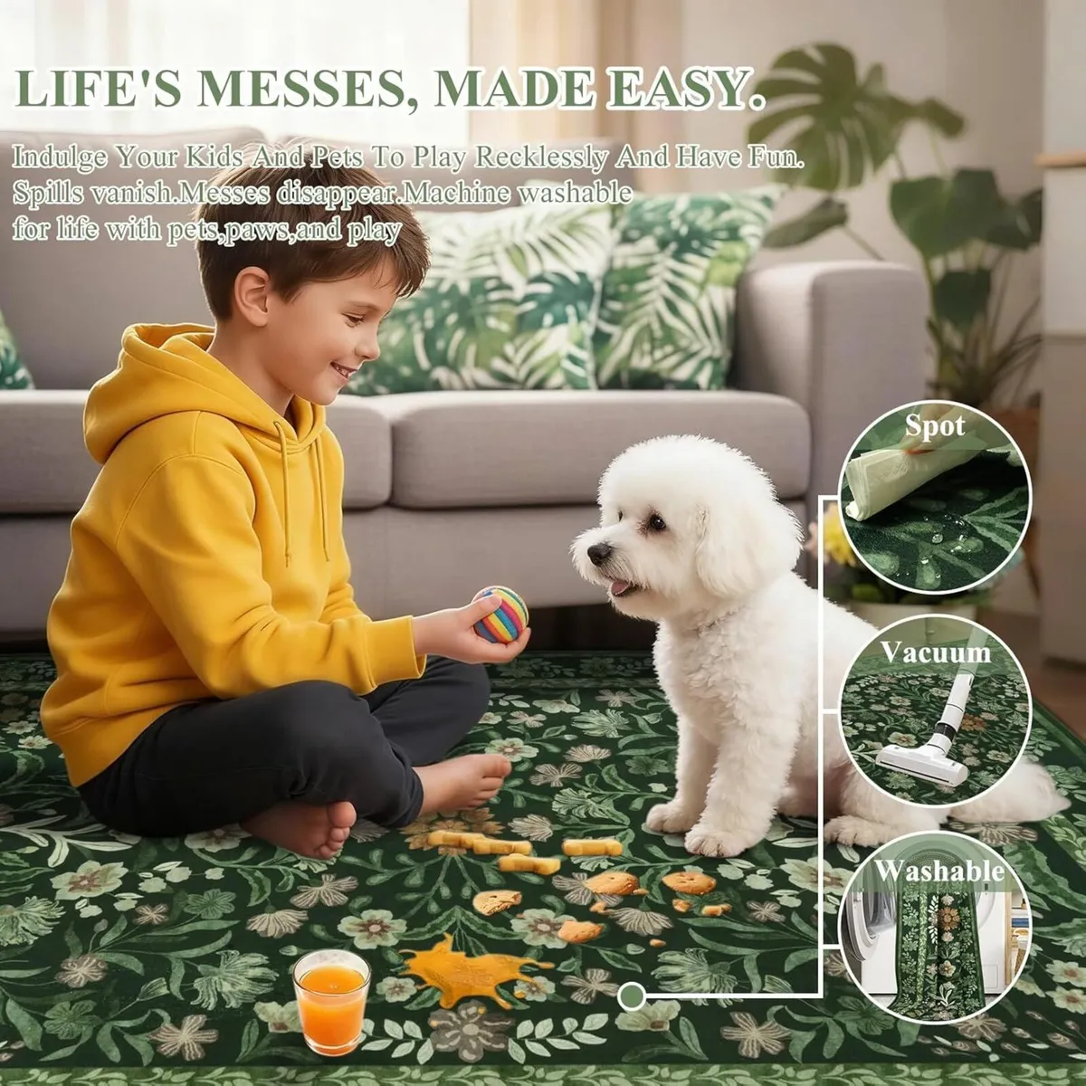 Washable Rugs Living Room Green 160x230cm Floral - Image 4