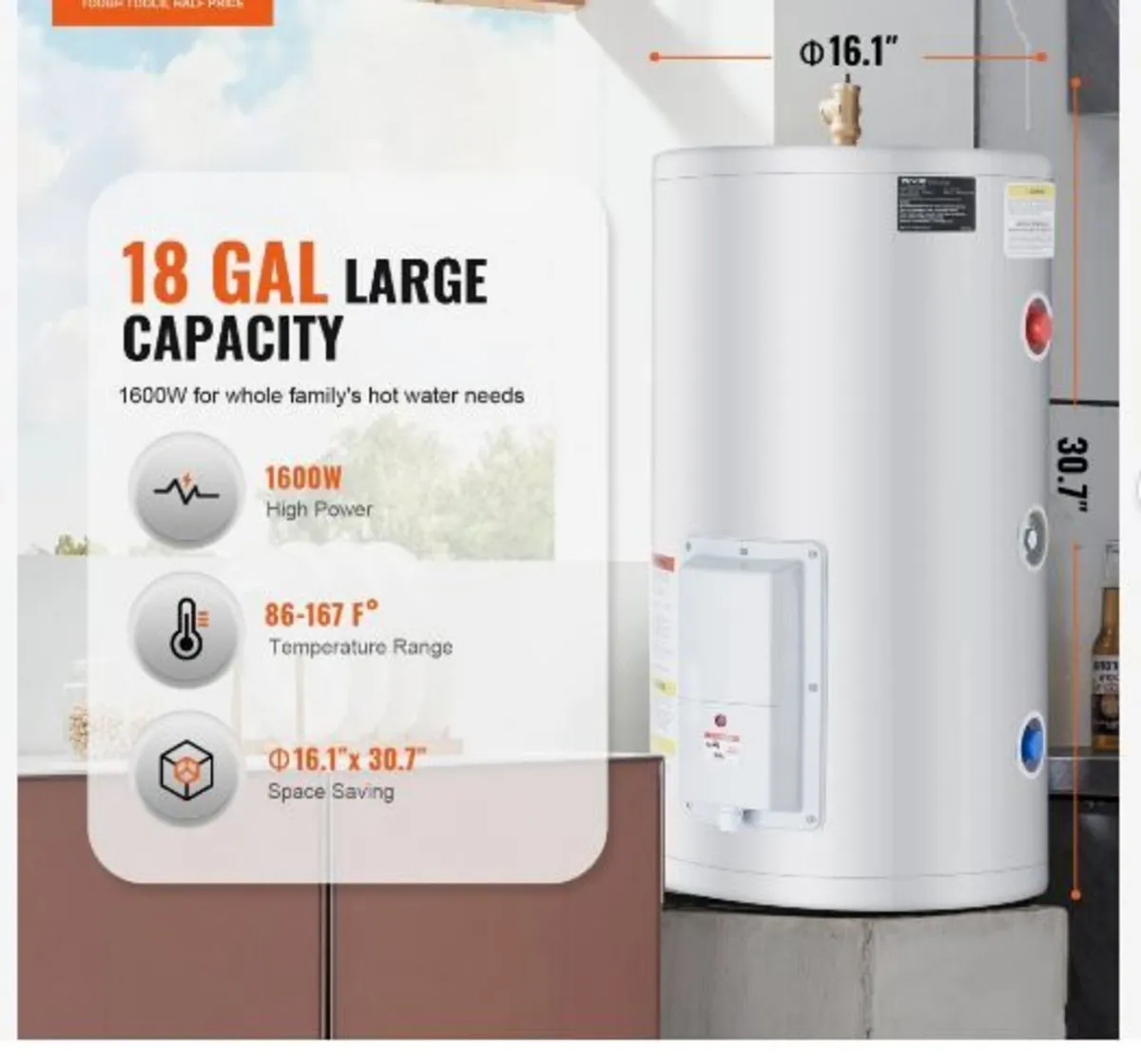 Electric Water Heater, 18 Gallon Tank Instant Hot - Image 2