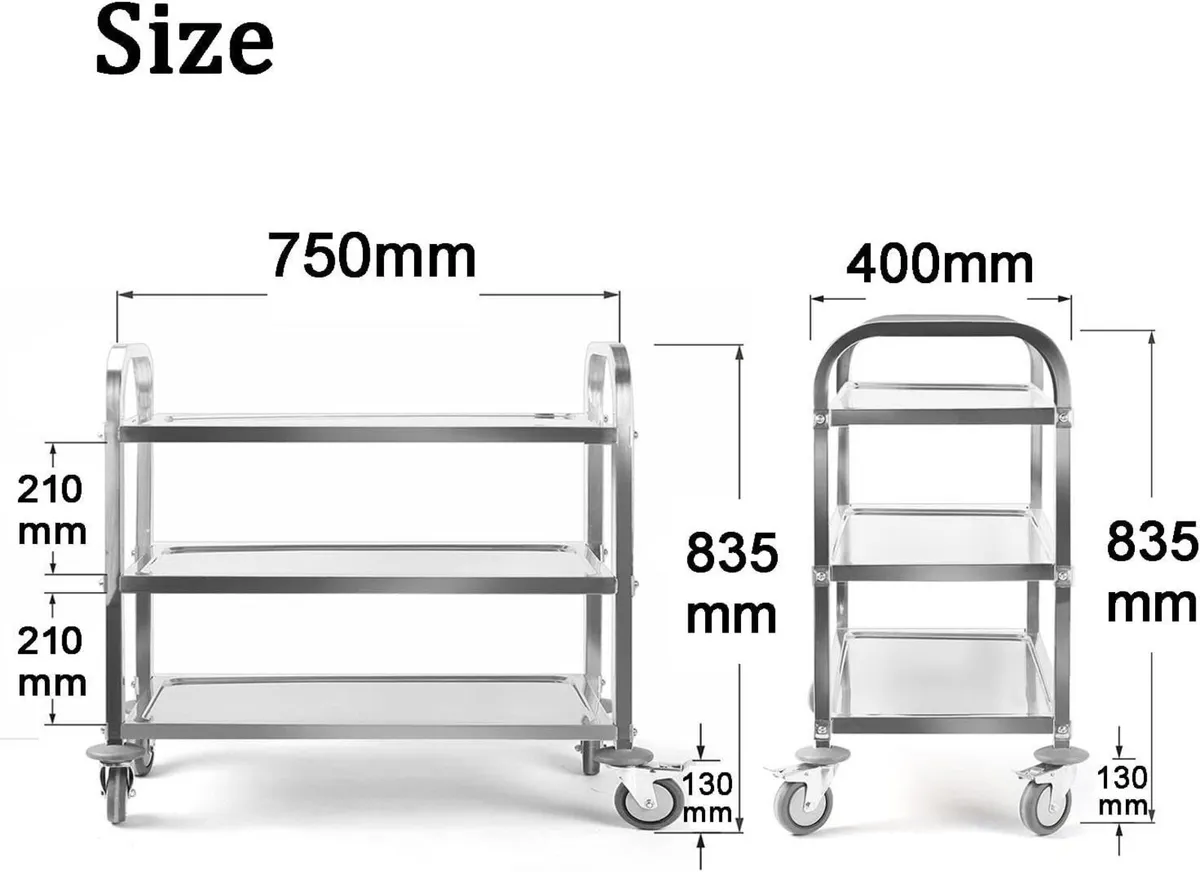 3 Tier Stainless Steel Trolley 750x400x835mm - Image 3