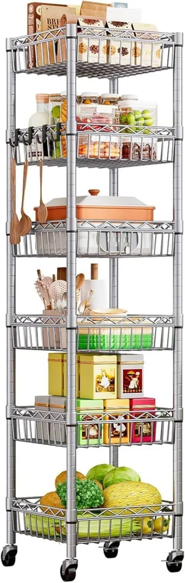 6-Tier Shelving Unit on Wheels Slim Metal Storage - Image 1