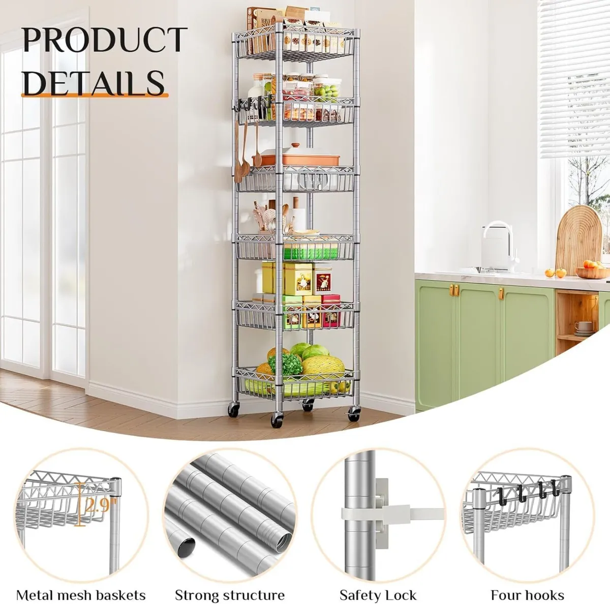 6-Tier Shelving Unit on Wheels Slim Metal Storage - Image 4