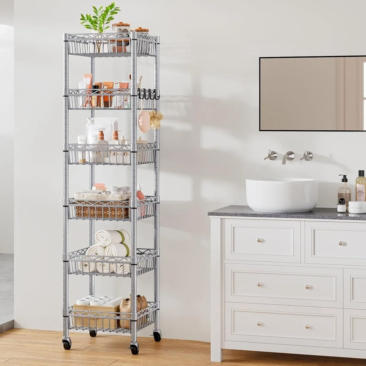 6-Tier Shelving Unit on Wheels Slim Metal Storage - Image 2