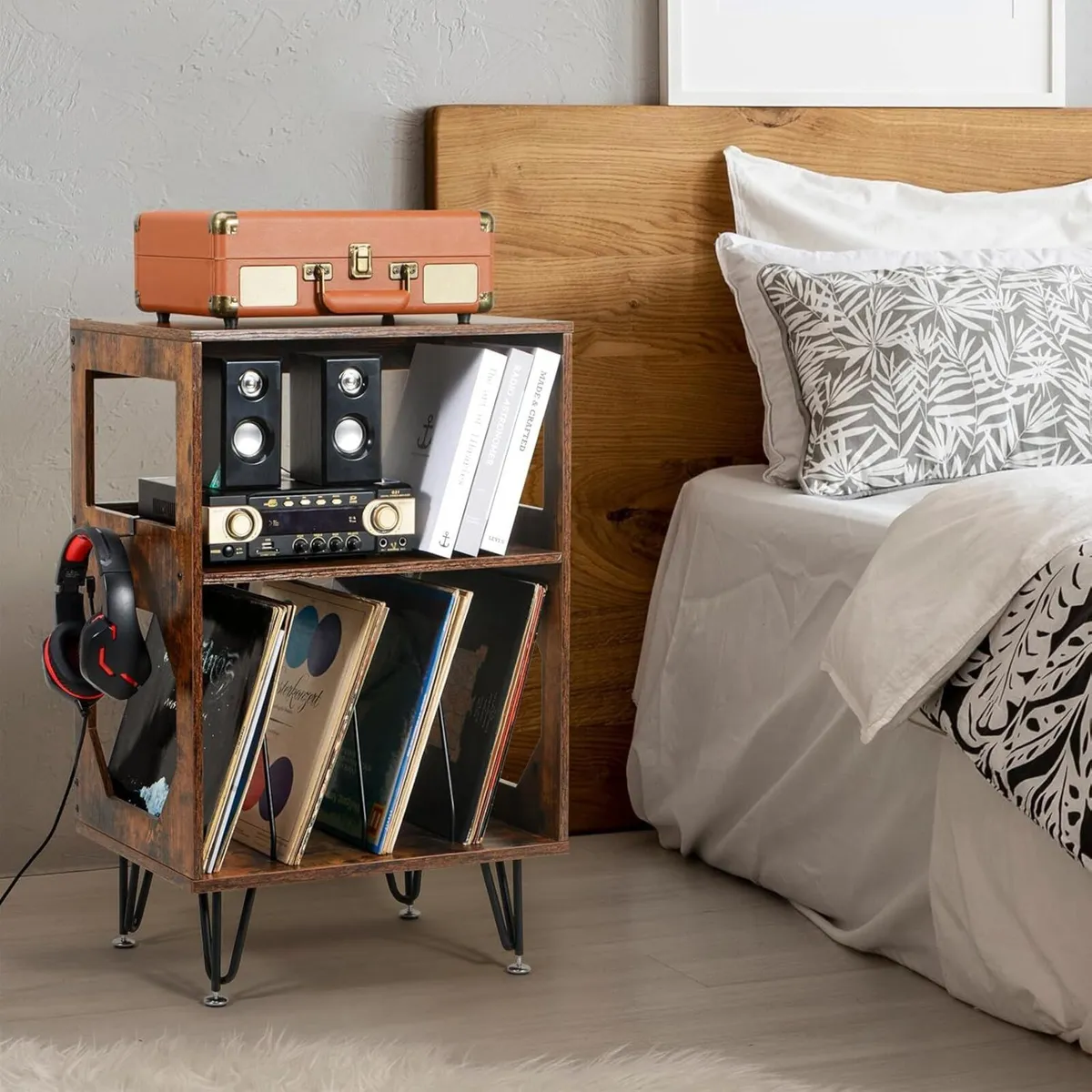 Rustic Record Player Stand End Table with Storage - Image 4
