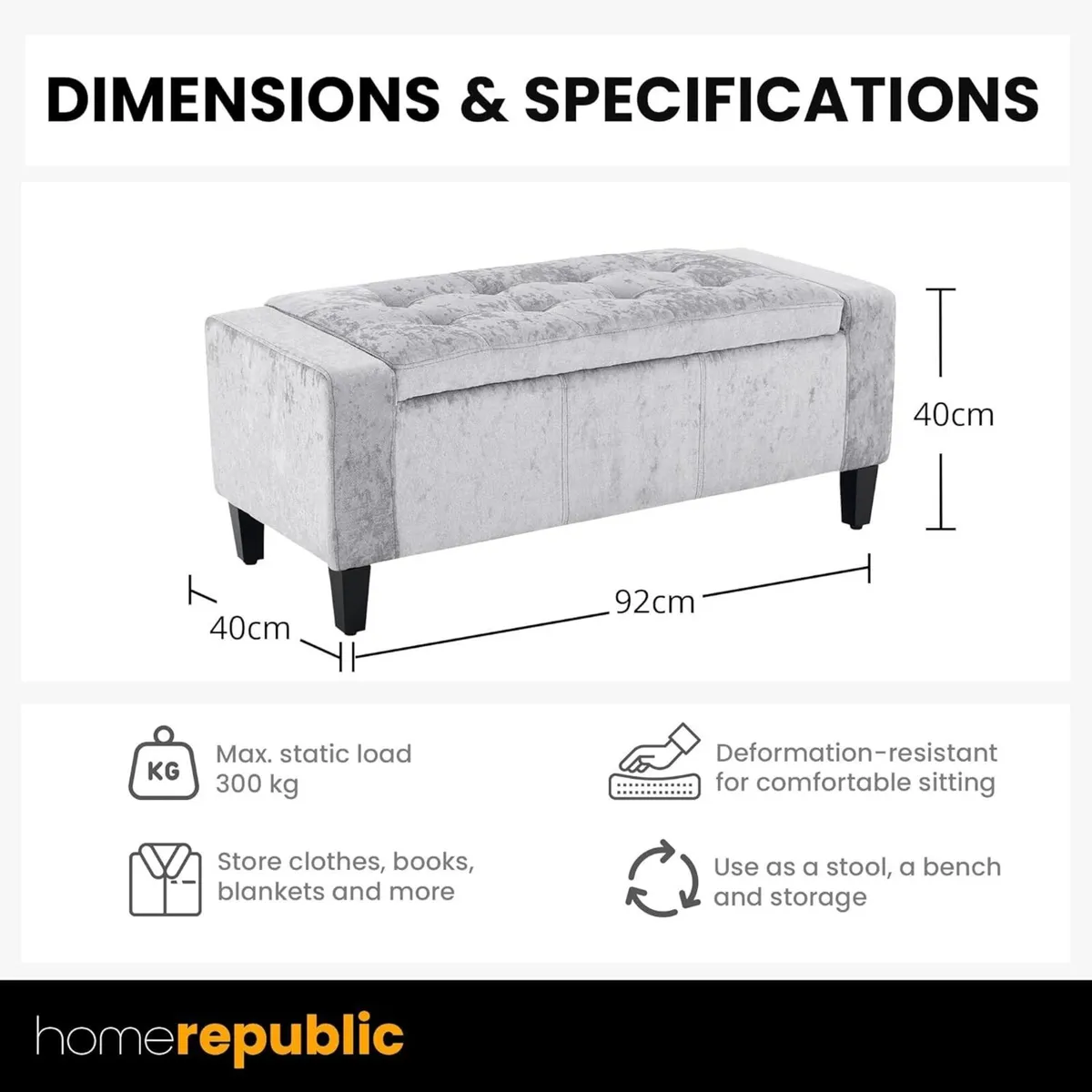 Designer Storage Ottoman Bench 92x40cms 2 seater - Image 3