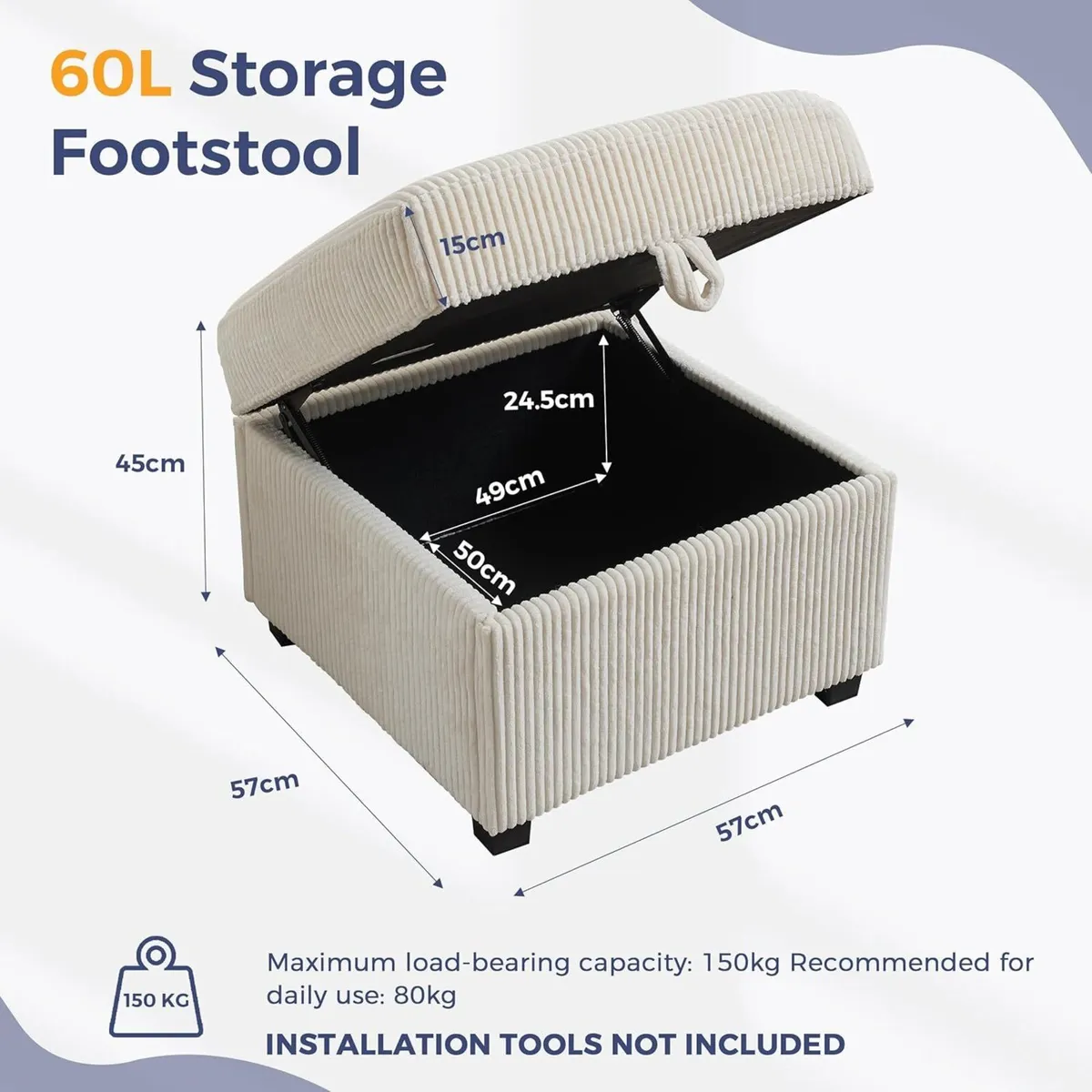 Ottoman with Storage 57CM Corduroy Footstool - Image 2