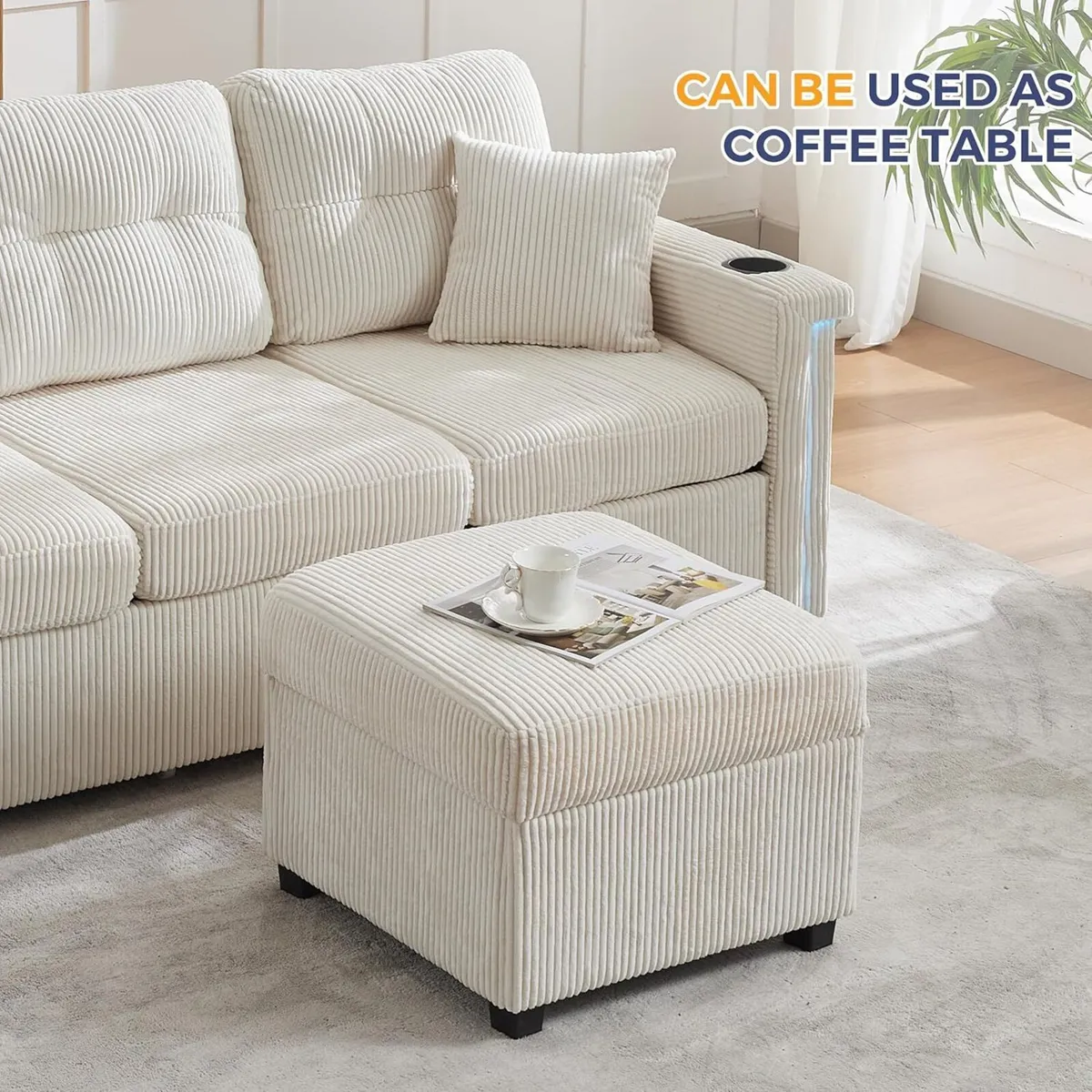 Ottoman with Storage 57CM Corduroy Footstool - Image 3