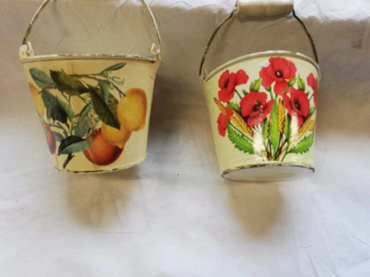 Vintage 2 Small enamel flowers painted buckets Pla - Image 3