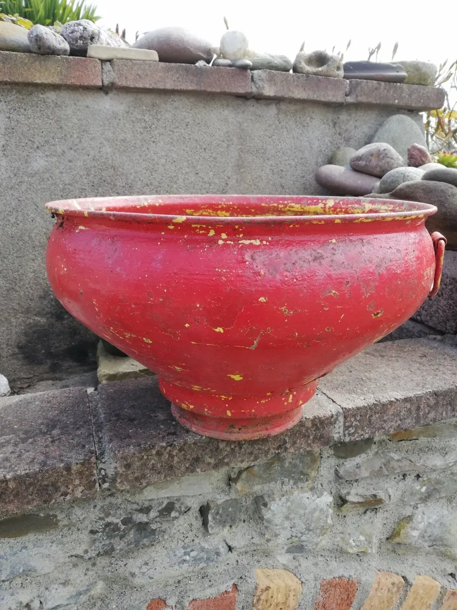 Vintage Red Aluminium Planter Pot, Garden Basin - Image 1