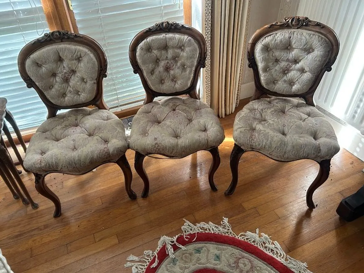 Victorian Antique Carved Wood Parlor Chairs with Damask upholstery - Image 1