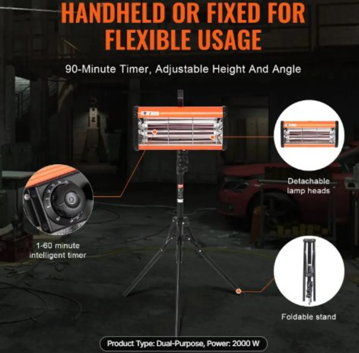 Infrared Curing Lamp,Handheld/Stand Dual Use,2000W - Image 2