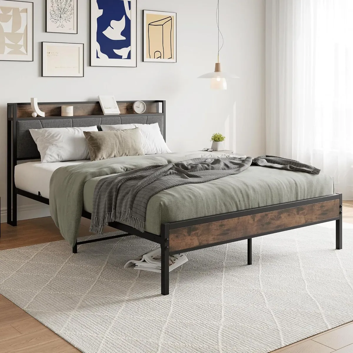 King Size Bed Frame with Storage Wooden Headboard - Image 3