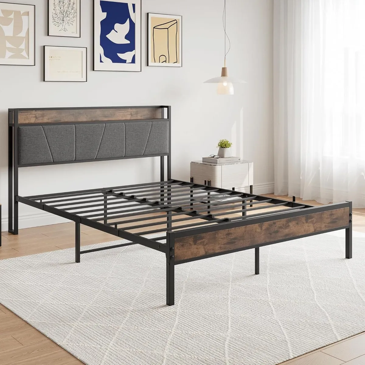 King Size Bed Frame with Storage Wooden Headboard - Image 4