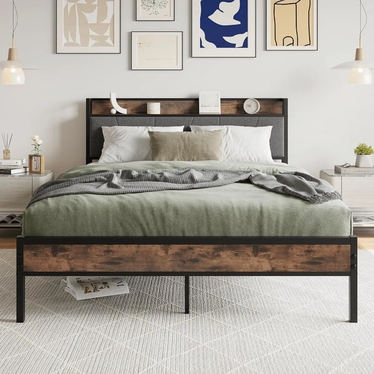 King Size Bed Frame with Storage Wooden Headboard - Image 1
