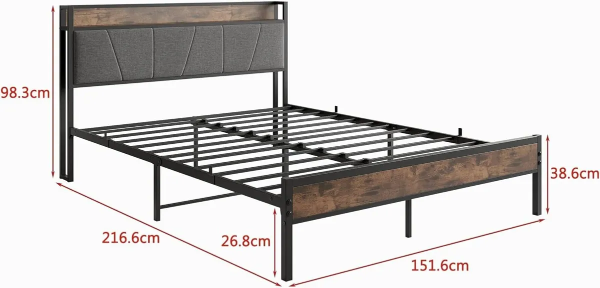 King Size Bed Frame with Storage Wooden Headboard - Image 2