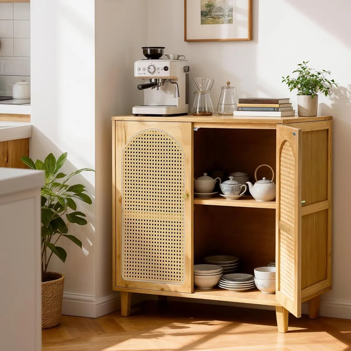 Bamboo Rattan Sideboard Storage Cabinet with 2 - Image 1