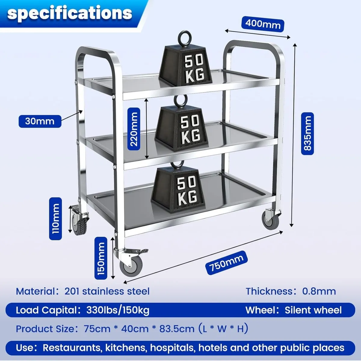 3 Tier Stainless Steel Kitchen Trolley Cart - Image 2