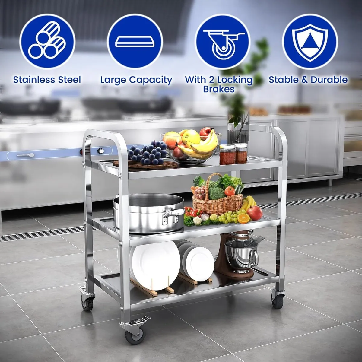 3 Tier Stainless Steel Kitchen Trolley Cart - Image 3
