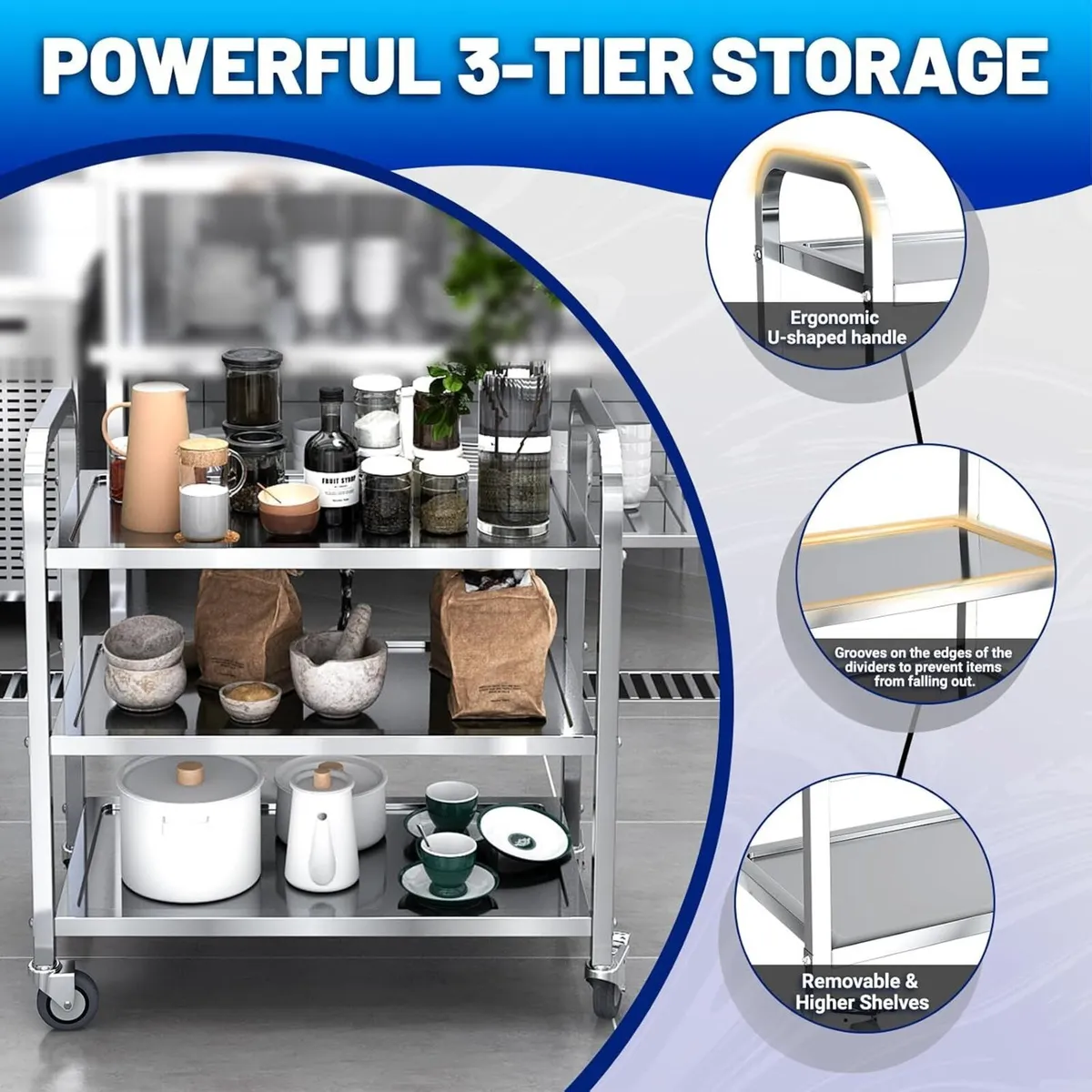 3 Tier Stainless Steel Kitchen Trolley Cart - Image 4