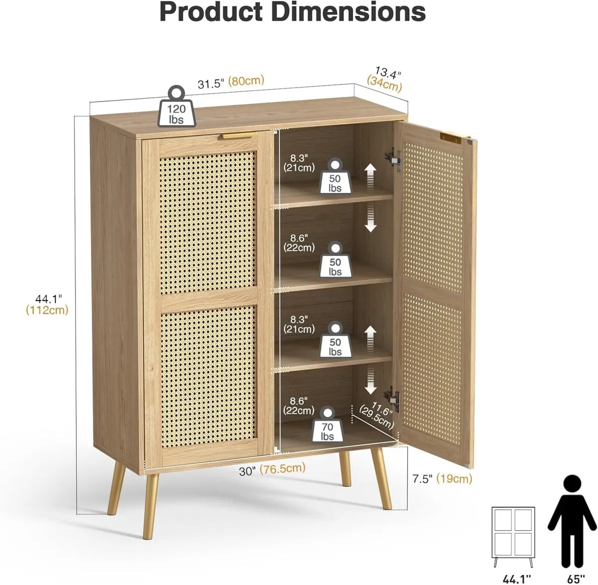44 H Tall Wood Rattan Cabinet 2 Doors Sideboard - Image 2