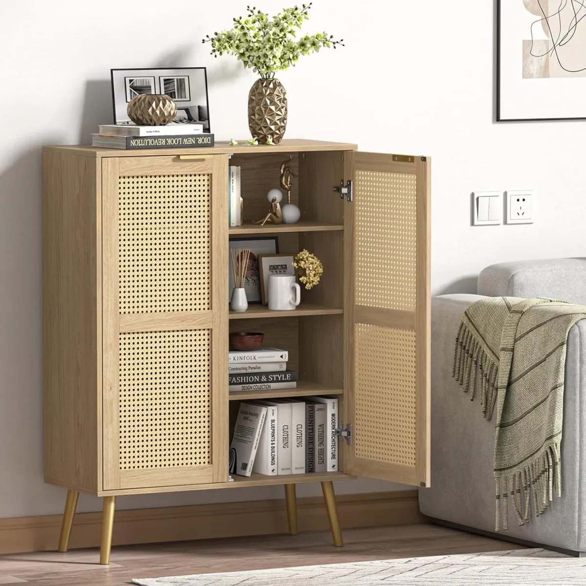 44 H Tall Wood Rattan Cabinet 2 Doors Sideboard - Image 3