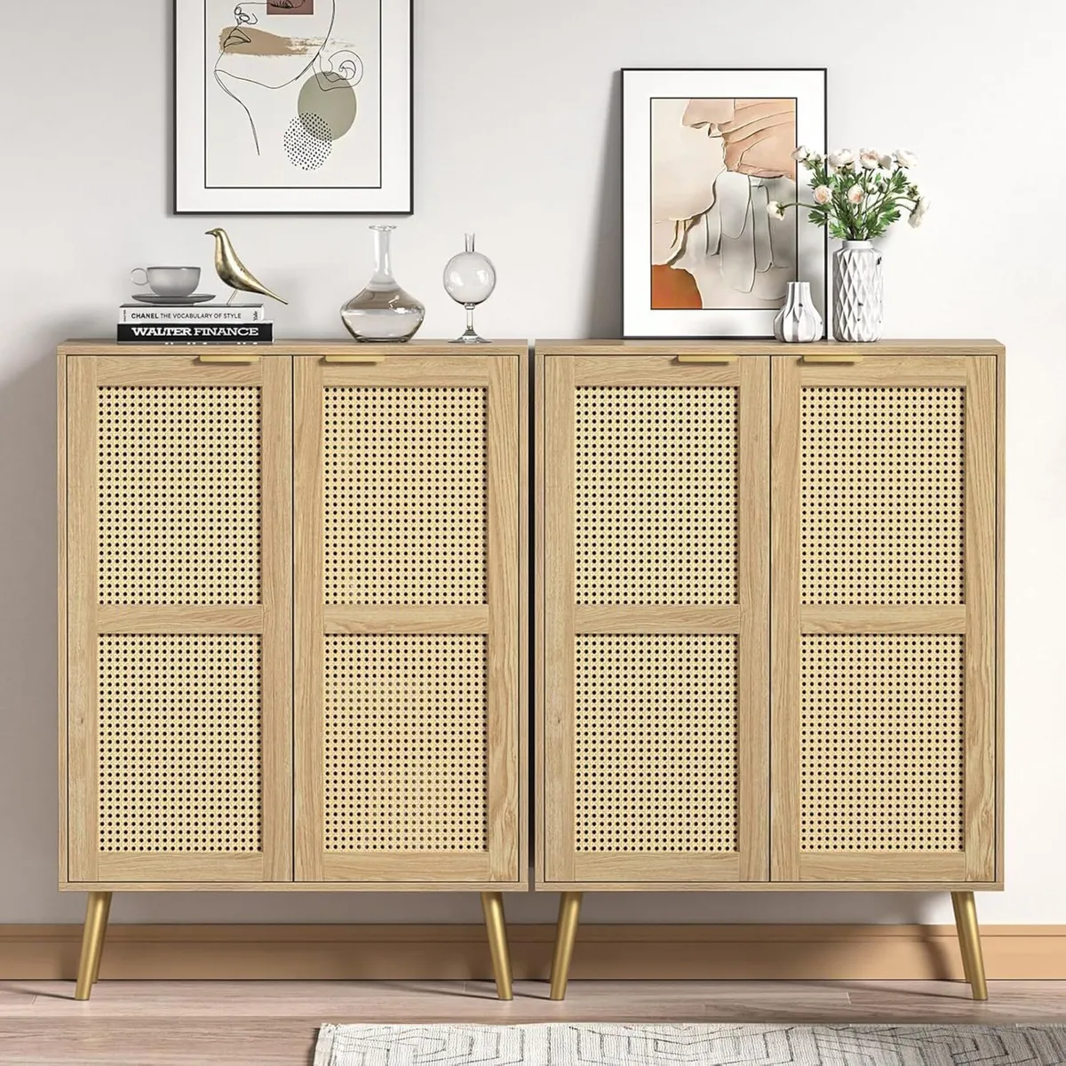 44 H Tall Wood Rattan Cabinet 2 Doors Sideboard - Image 4